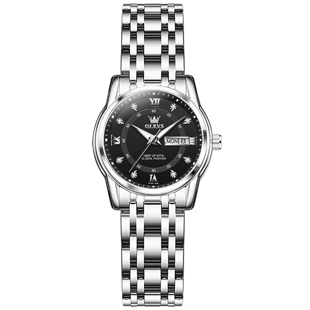 OLEVS Diamond Dial Day Date Quartz Watch 5513 Steel Band for Women - Silver Grey Watch | Olevs Watch Store