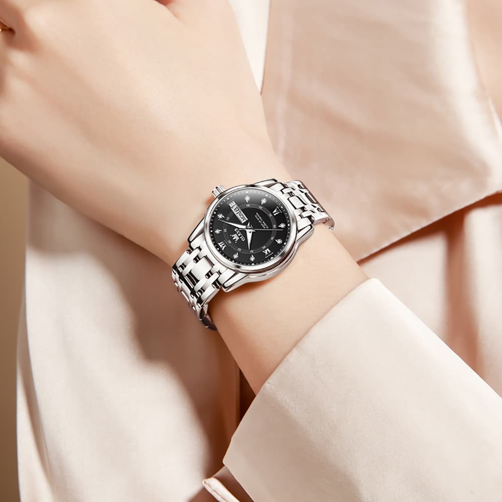 OLEVS Diamond Dial Day Date Quartz Watch 5513 Steel Band for Women - Silver Grey Watch | Olevs Watch Store