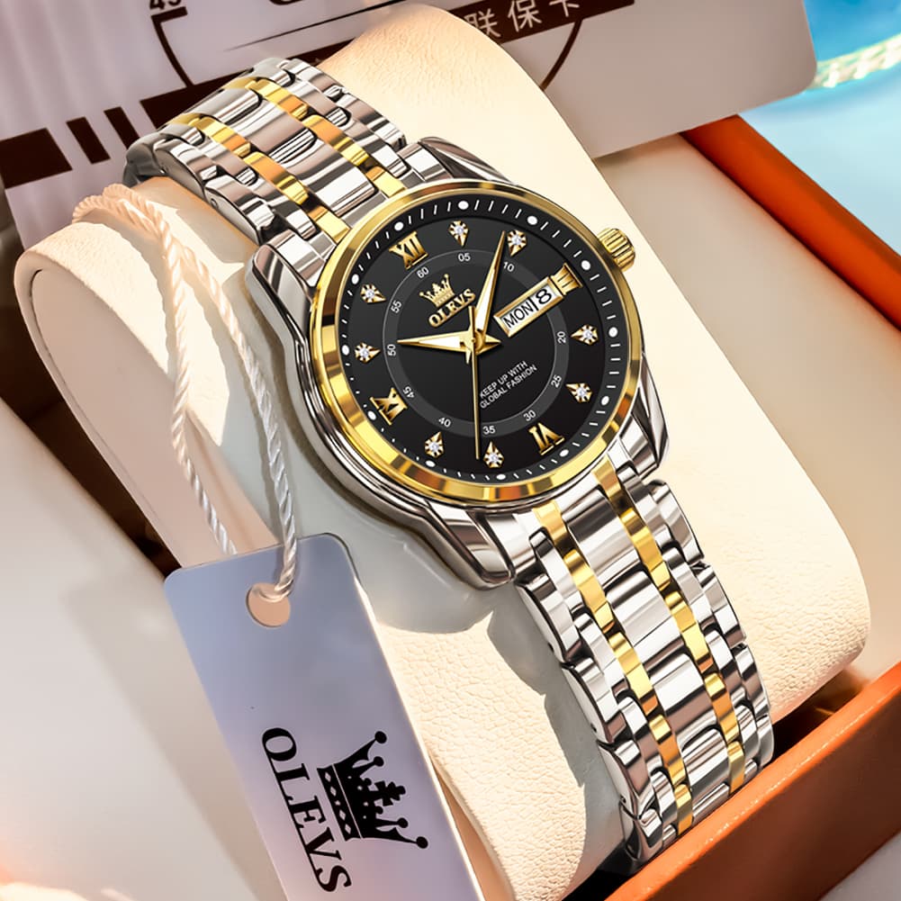OLEVS Diamond Dial Day Date Quartz Watch 5513 Steel Band for Women - Two Tone Black Watch | Olevs Watch Store