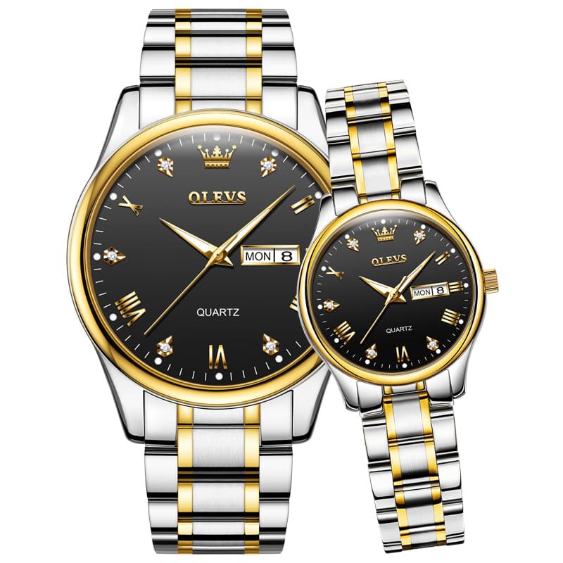 OLEVS His and Hers Couple Watches Set Two Tone Stainless Steel Quartz Day Date 5563Q - All Black Set | Olevs Watch Store