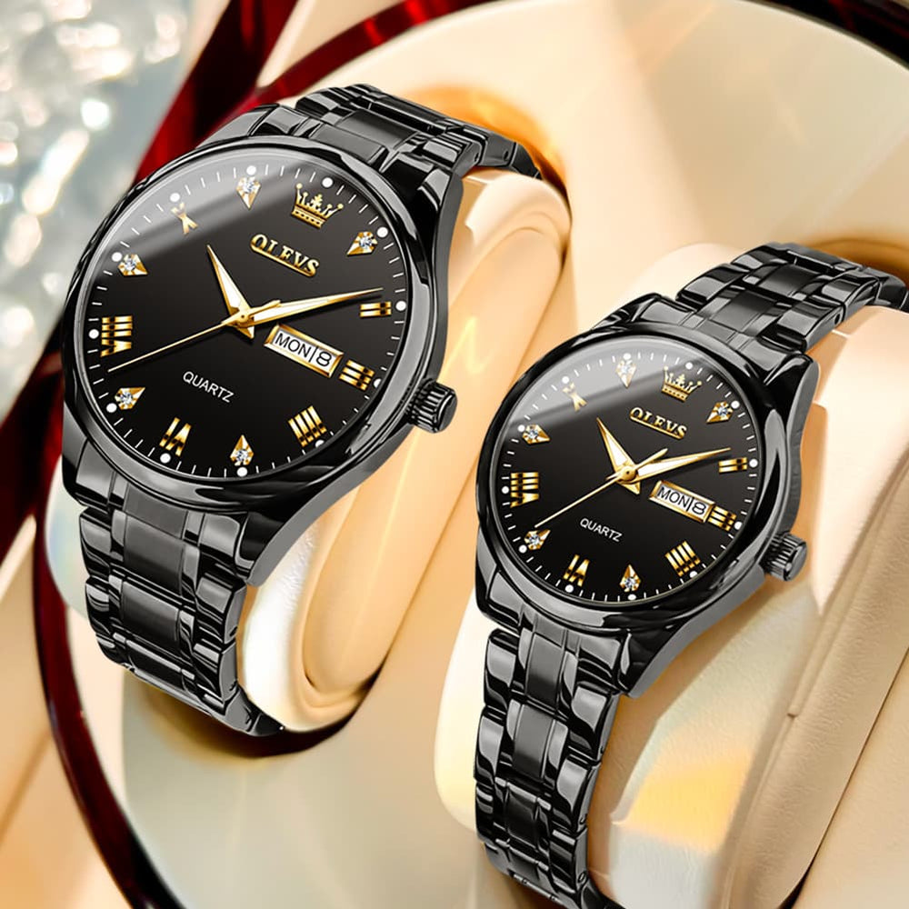 OLEVS His and Hers Couple Watches Set Two Tone Stainless Steel Quartz Day Date 5563Q - All Black Set | Olevs Watch Store