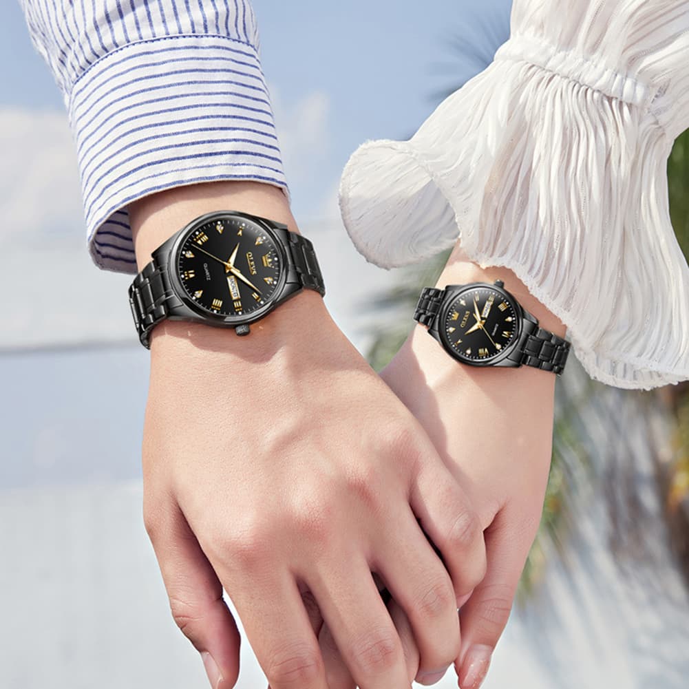OLEVS His and Hers Couple Watches Set Two Tone Stainless Steel Quartz Day Date 5563Q - All Black Set | Olevs Watch Store