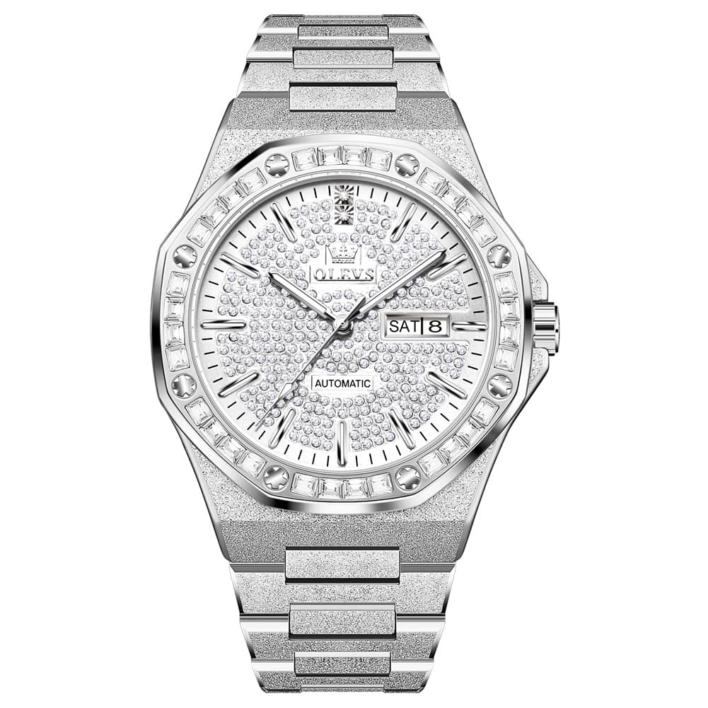 OLEVS Iced Out Diamond Octagonal Automatic Mechanical Watch 9803 for Men - Silver White Watch | Olevs Watch Store