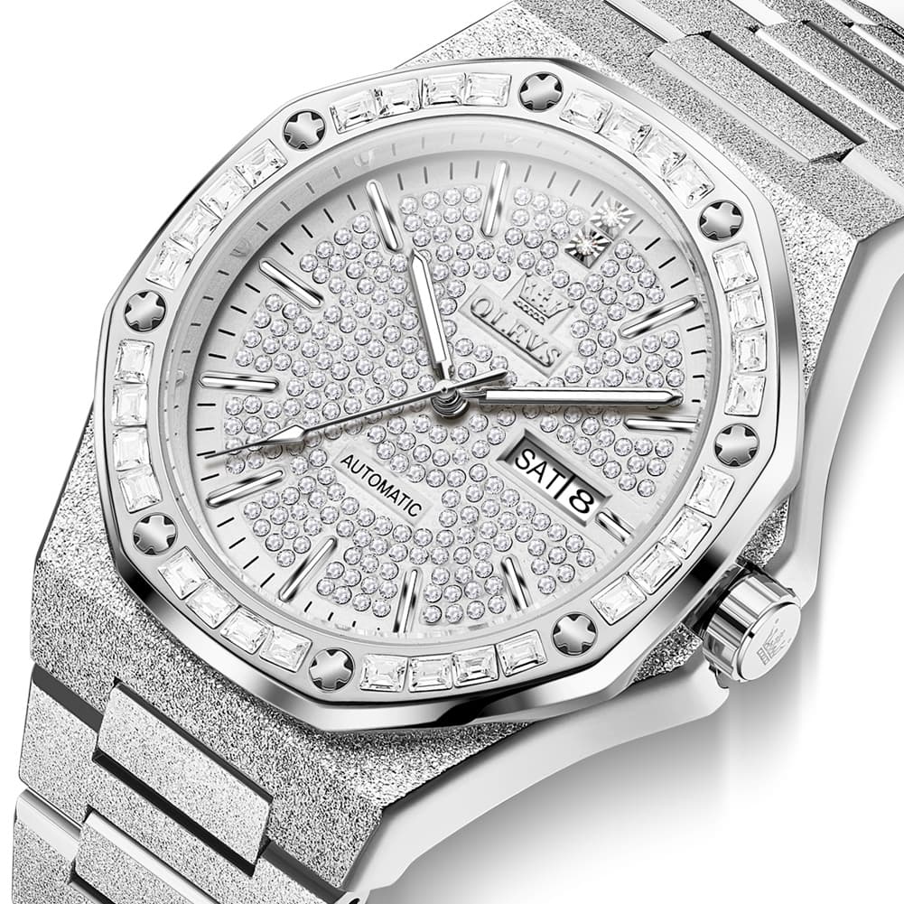 OLEVS Iced Out Diamond Octagonal Automatic Mechanical Watch 9803 for Men - Silver White Watch | Olevs Watch Store