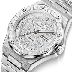 OLEVS Iced Out Diamond Octagonal Automatic Mechanical Watch 9803 for Men - Silver White Watch | Olevs Watch Store