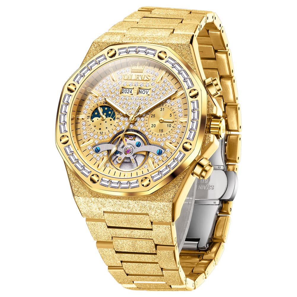 OLEVS Iced Out Moon Phase Skeleton Automatic Watch 9805 Calendar for Men - Silver White Watch | Olevs Watch Store