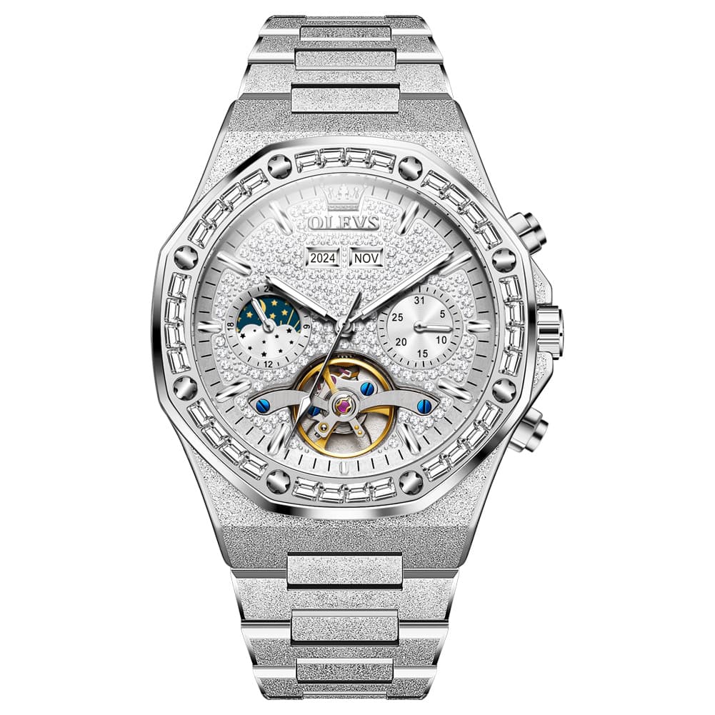 OLEVS Iced Out Moon Phase Skeleton Automatic Watch 9805 Calendar for Men - Silver White Watch | Olevs Watch Store