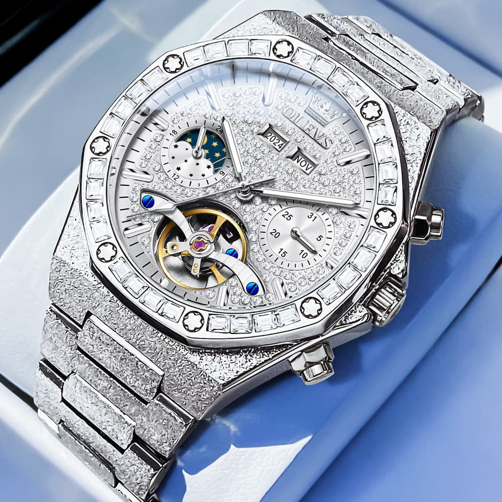 OLEVS Iced Out Moon Phase Skeleton Automatic Watch 9805 Calendar for Men - Silver White Watch | Olevs Watch Store