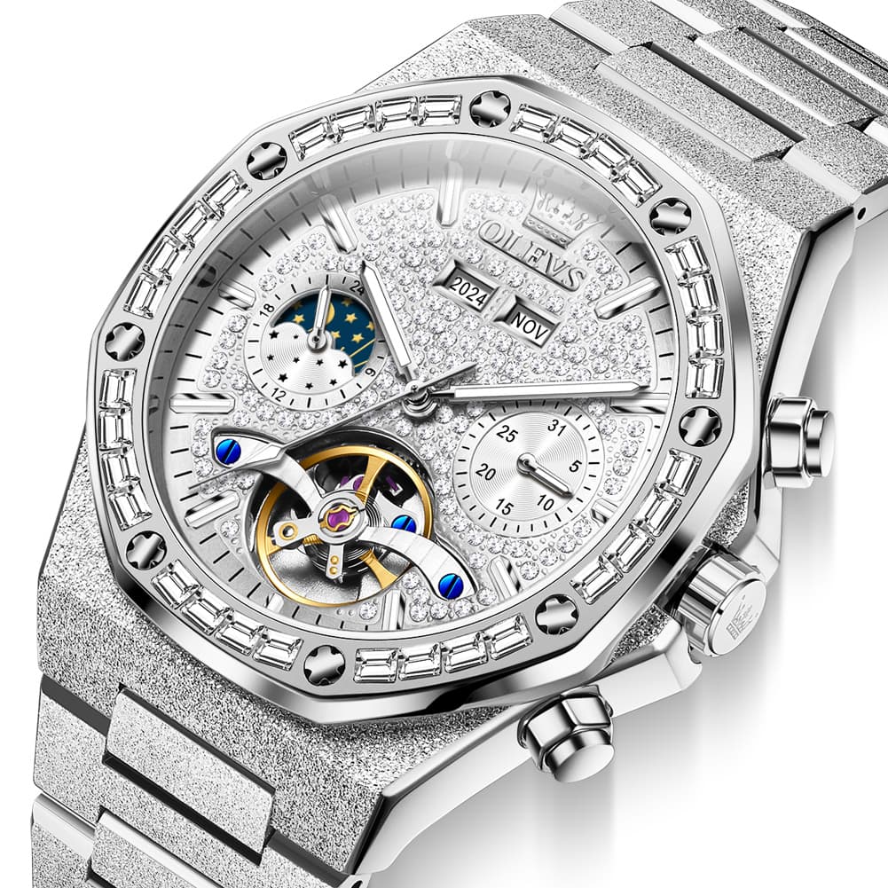OLEVS Iced Out Moon Phase Skeleton Automatic Watch 9805 Calendar for Men - Silver White Watch | Olevs Watch Store