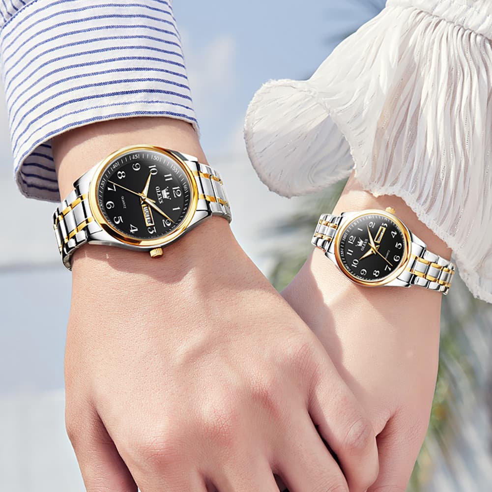 OLEVS Men and Women Couple Watch Stainless Steel Quartz Day Date Arabic Numerals 5567 - Olevs Watch Store