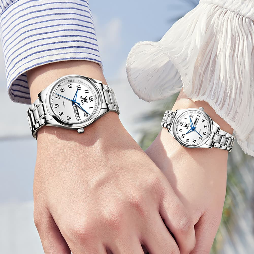 OLEVS Men and Women Couple Watch Stainless Steel Quartz Day Date Arabic Numerals 5567 - Olevs Watch Store