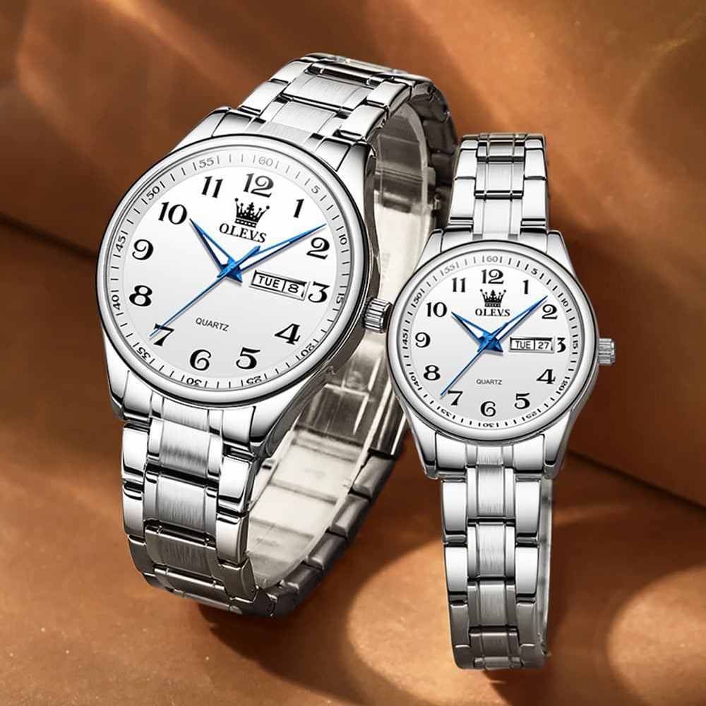 OLEVS Men and Women Couple Watch Stainless Steel Quartz Day Date Arabic Numerals 5567 - Olevs Watch Store