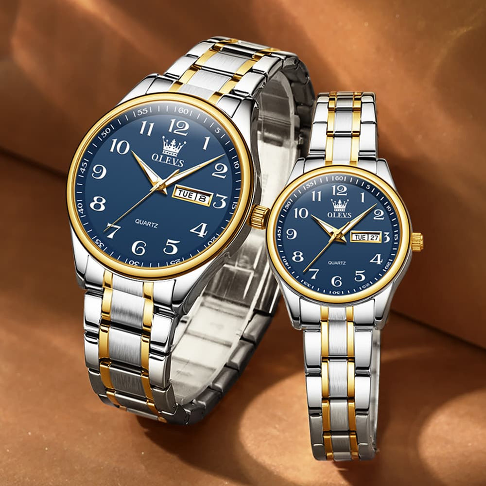 OLEVS Men and Women Couple Watch Stainless Steel Quartz Day Date Arabic Numerals 5567 - Olevs Watch Store