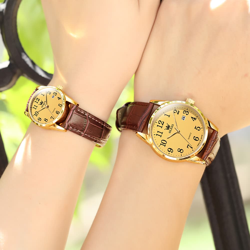 OLEVS Men Classic Leather Dress Watch Arabic Numerals Quartz Date 5566 - Women Champagne Gold Dial Watch | Olevs Watch Store