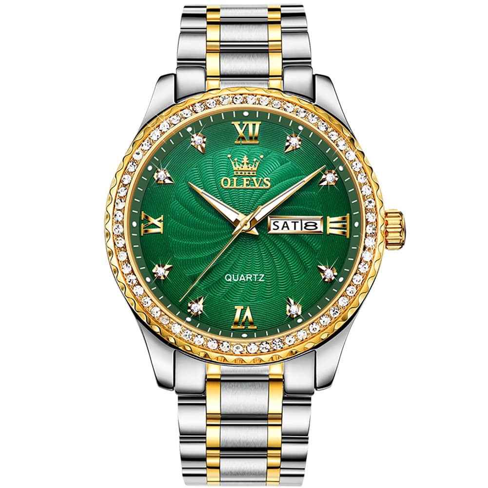 OLEVS Men Diamond Bezel Watch Two Tone Stainless Steel Quartz Day Date 5565 - Two Tone Green Watch | Olevs Watch Store