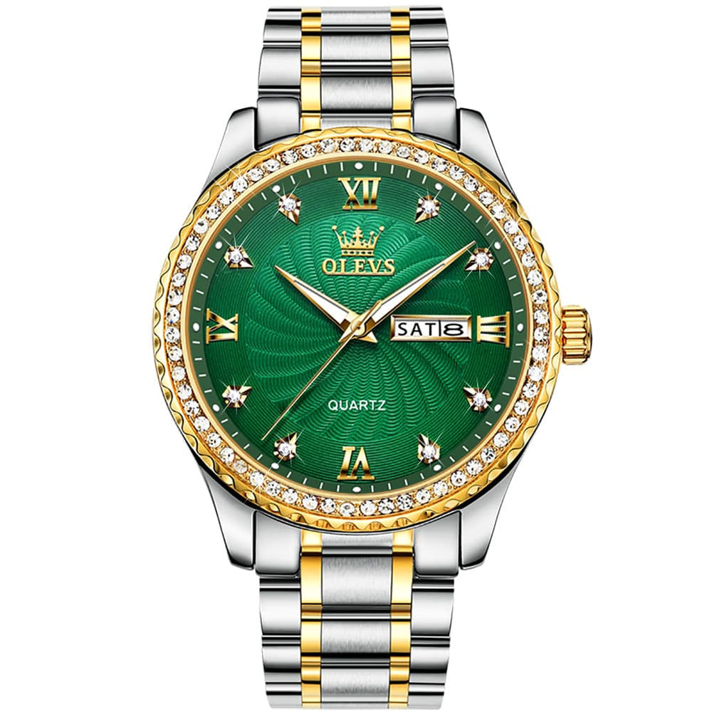 OLEVS Men Diamond Bezel Watch Two Tone Stainless Steel Quartz Day Date 5565 - Two Tone Green Watch | Olevs Watch Store