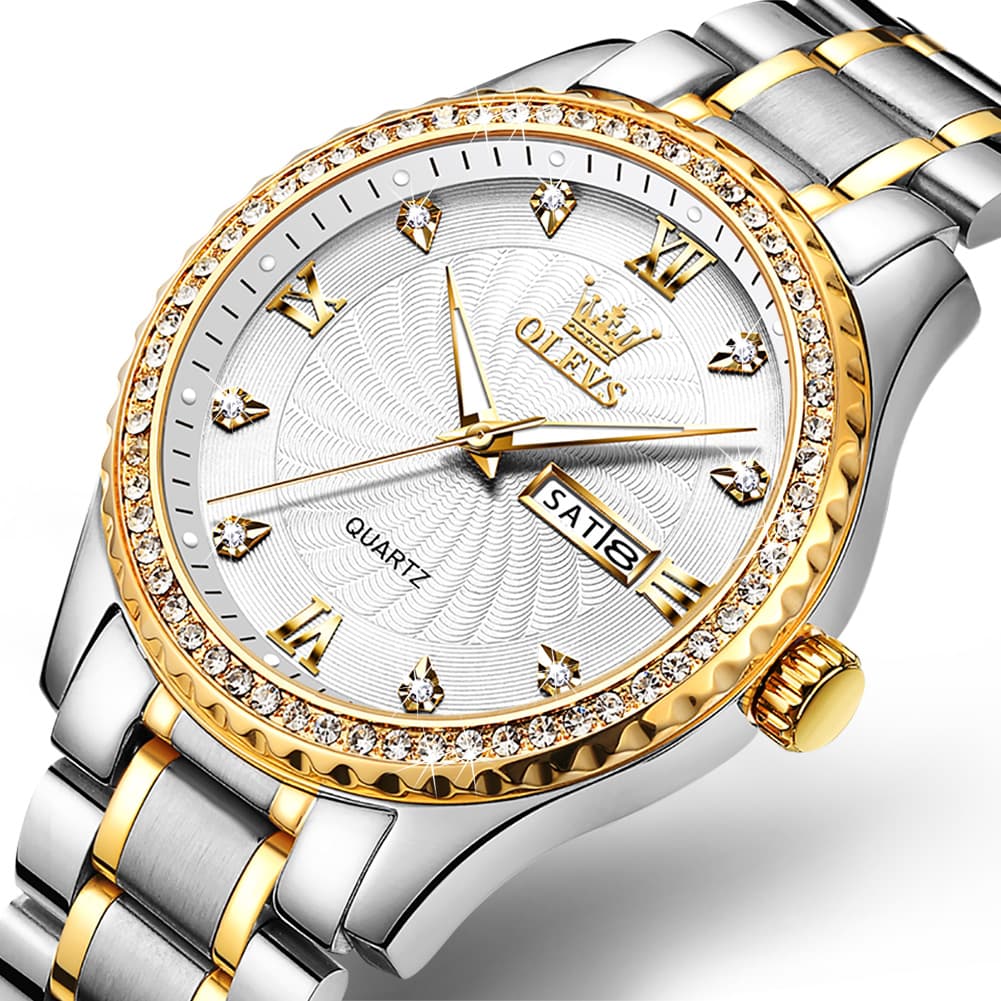 OLEVS Men Diamond Bezel Watch Two Tone Stainless Steel Quartz Day Date 5565 - All Gold Watch | Olevs Watch Store