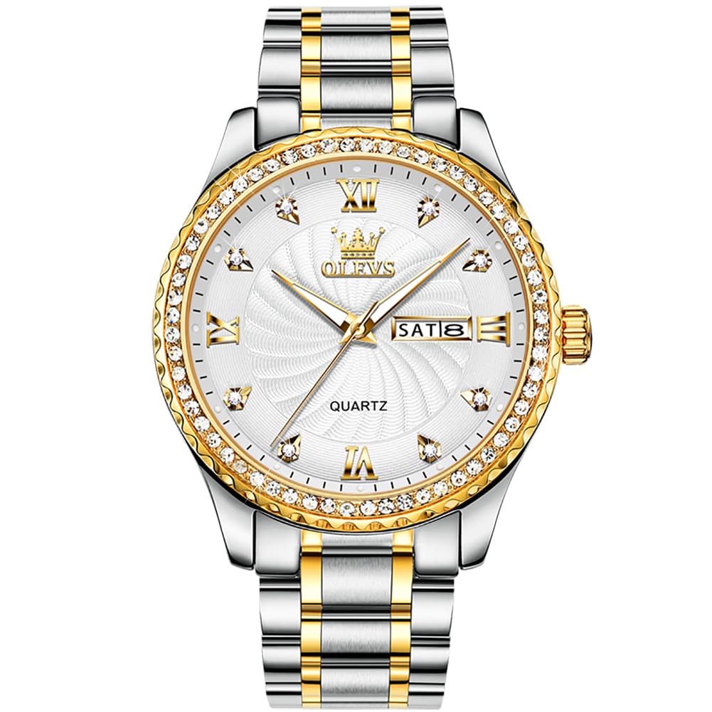 OLEVS Men Diamond Bezel Watch Two Tone Stainless Steel Quartz Day Date 5565 - Two Tone Green Watch | Olevs Watch Store