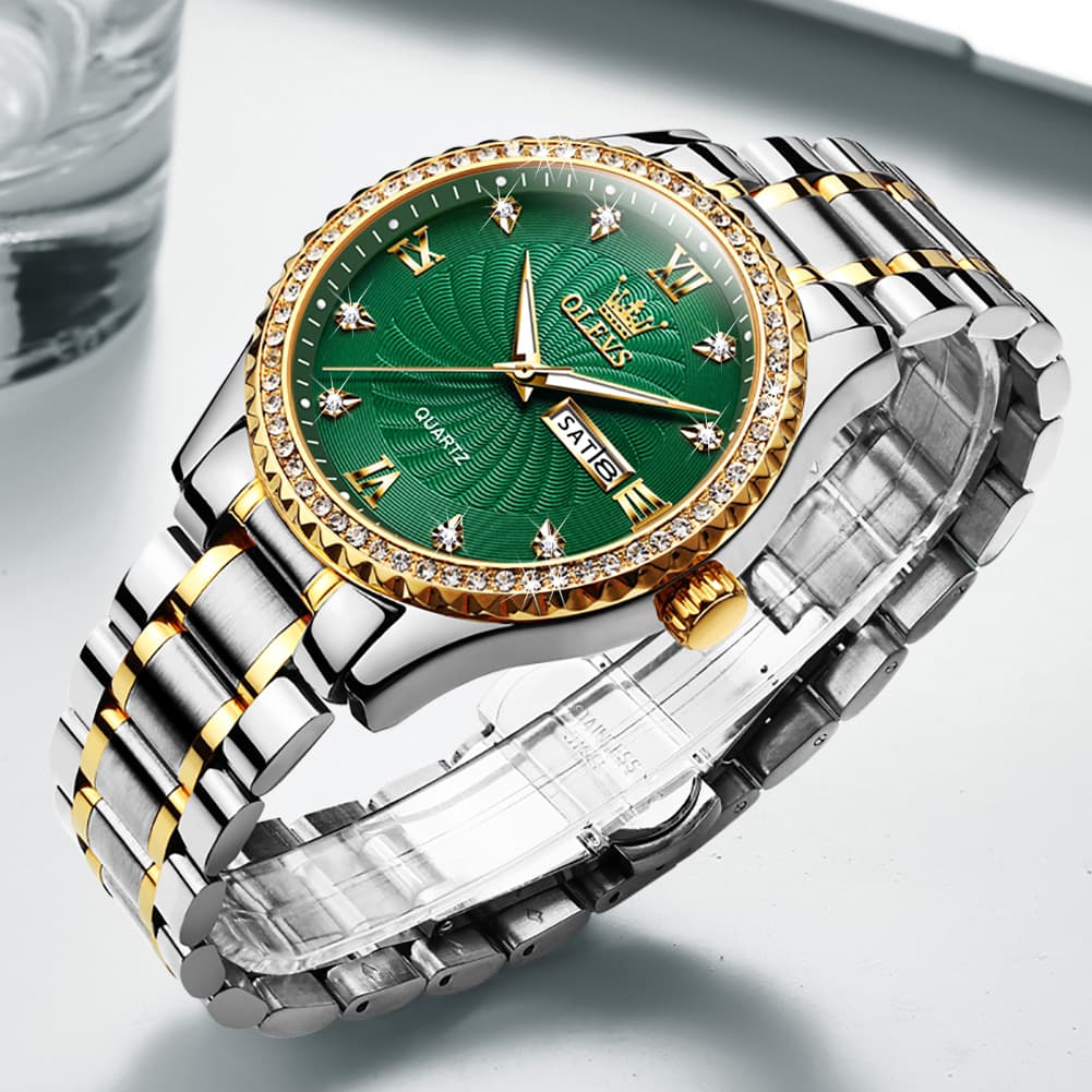 OLEVS Men Diamond Bezel Watch Two Tone Stainless Steel Quartz Day Date 5565 - Two Tone Green Watch | Olevs Watch Store