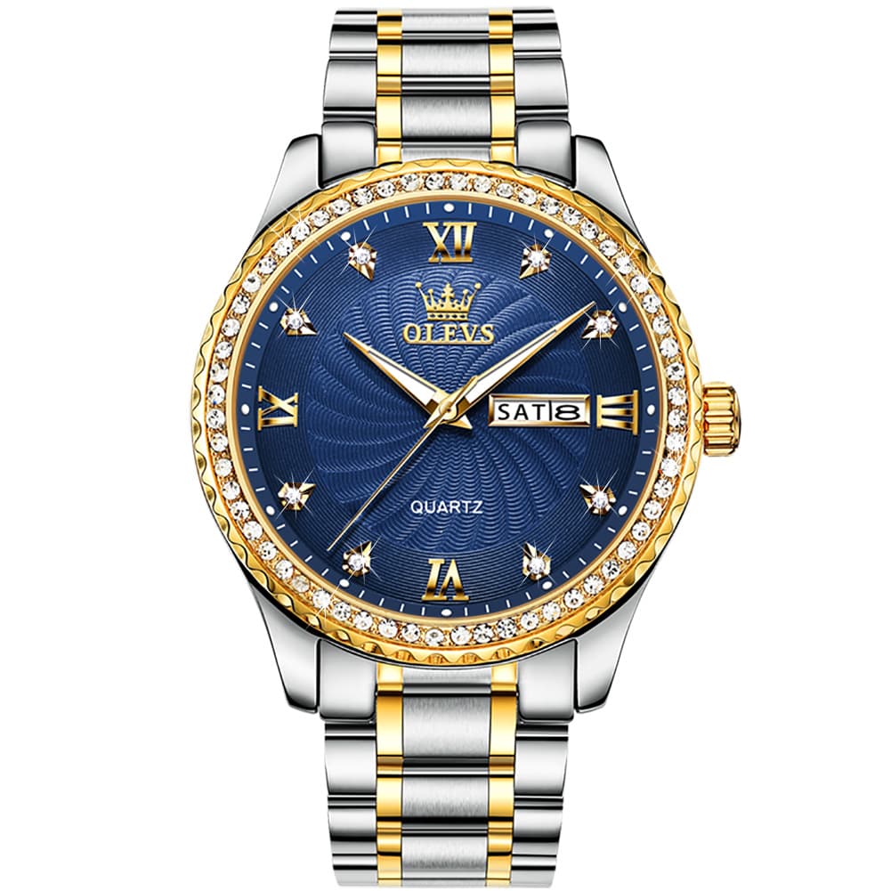 OLEVS Men Diamond Bezel Watch Two Tone Stainless Steel Quartz Day Date 5565 - Two Tone Green Watch | Olevs Watch Store