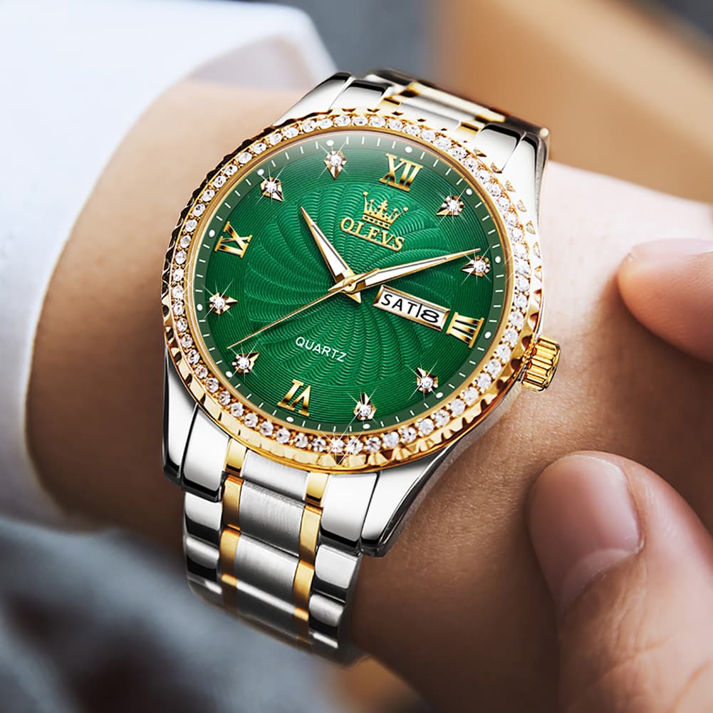OLEVS Men Diamond Bezel Watch Two Tone Stainless Steel Quartz Day Date 5565 - Two Tone Green Watch | Olevs Watch Store