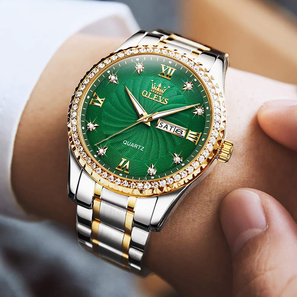 OLEVS Men Diamond Bezel Watch Two Tone Stainless Steel Quartz Day Date 5565 - Two Tone Green Watch | Olevs Watch Store