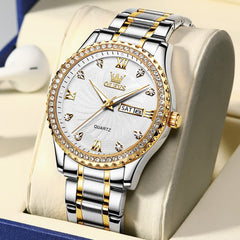 OLEVS Men Diamond Bezel Watch Two Tone Stainless Steel Quartz Day Date 5565 - Two Tone White Watch | Olevs Watch Store