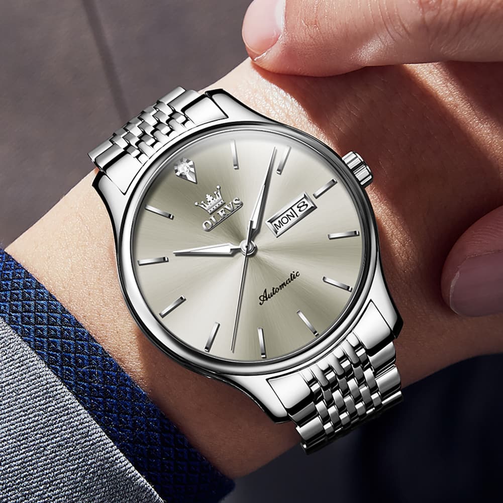 OLEVS Minimalist Diamond Dial Day Date Automatic Watch 9960 for Men - Silver White Watch | Olevs Watch Store