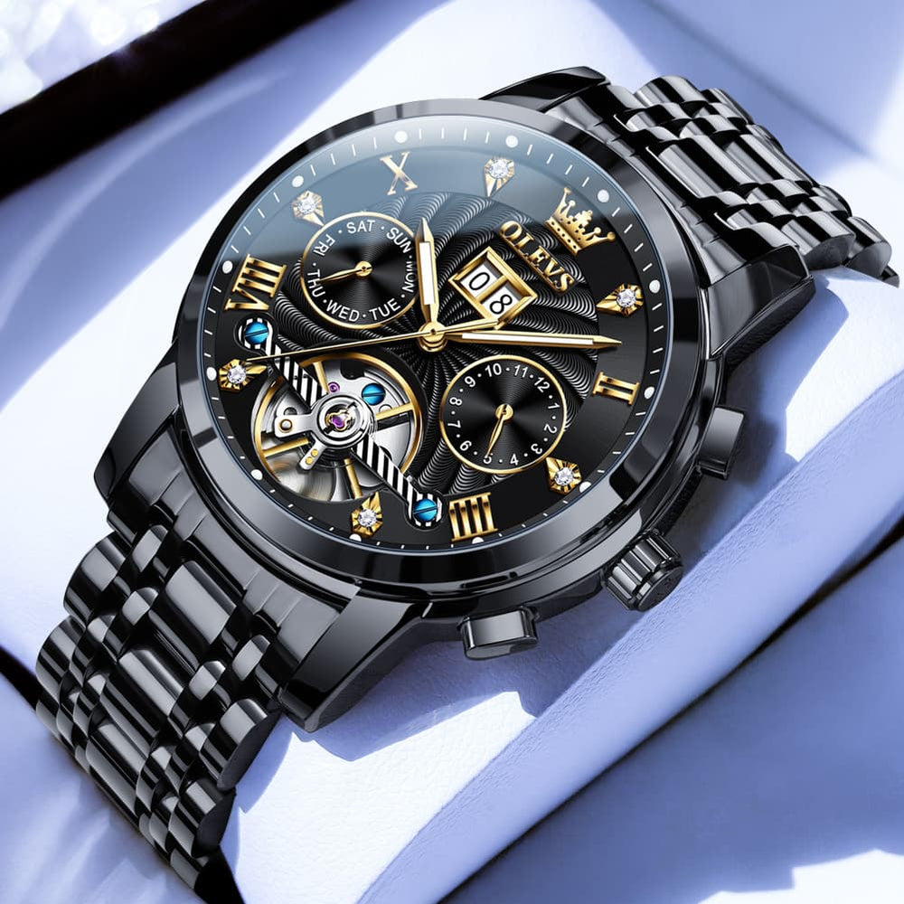 OLEVS Open Heart Multifunction Automatic Mechanical Watch 9910 Big Date for Men - Black Gold Watch | Olevs Watch Store