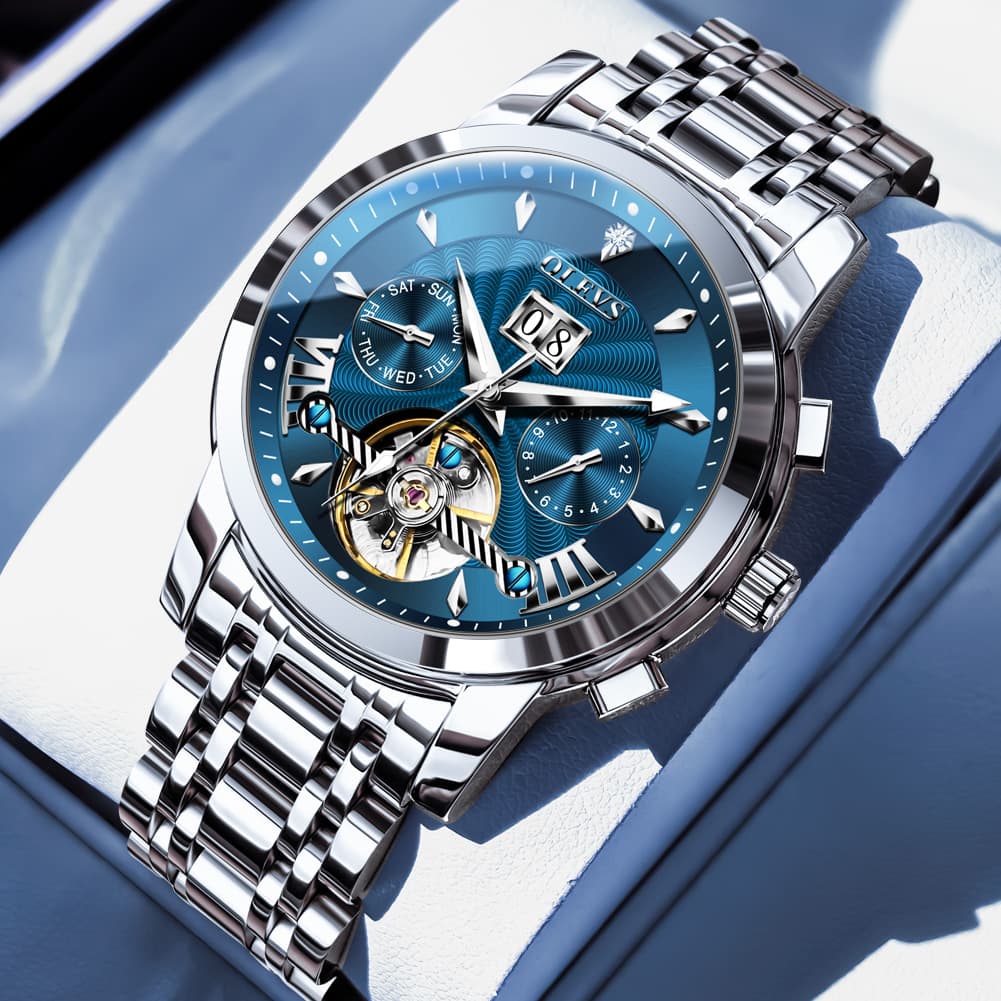 OLEVS Open Heart Multifunction Automatic Mechanical Watch 9965 Big Date for Men - Silver Blue Watch | Olevs Watch Store