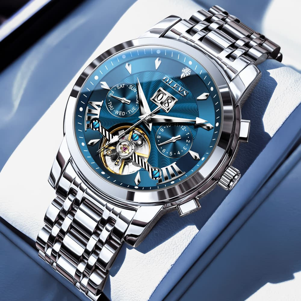 OLEVS Open Heart Multifunction Automatic Mechanical Watch 9965 Big Date for Men - Silver Blue Watch | Olevs Watch Store