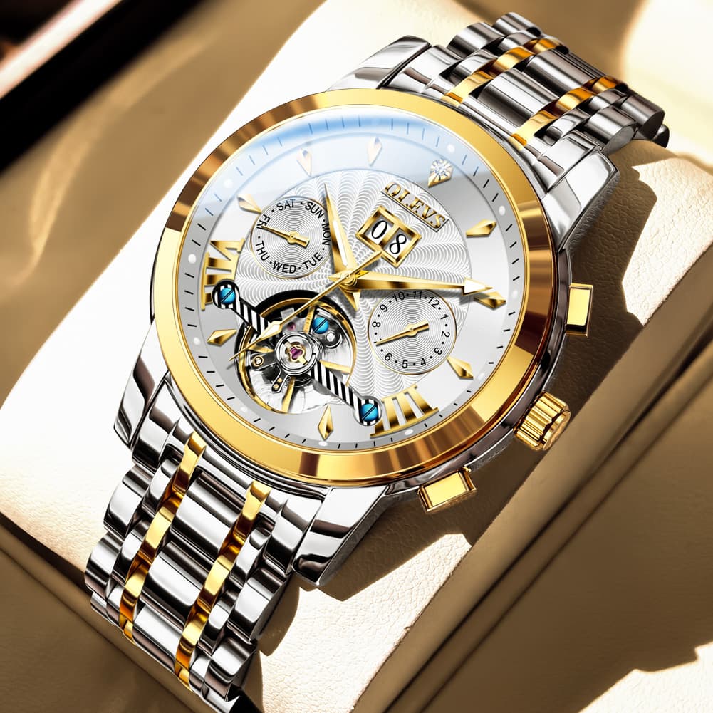 OLEVS Open Heart Multifunction Automatic Mechanical Watch 9965 Big Date for Men - Two Tone White Watch | Olevs Watch Store