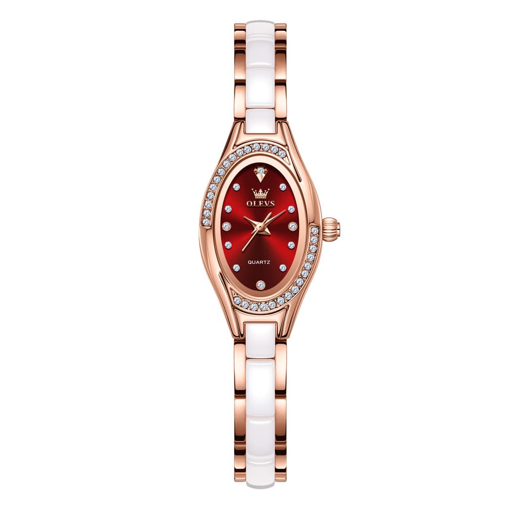 OLEVS Oval Ceramic Bracelet Diamond Watch 7131 for Women - Rose White Watch | Olevs Watch Store