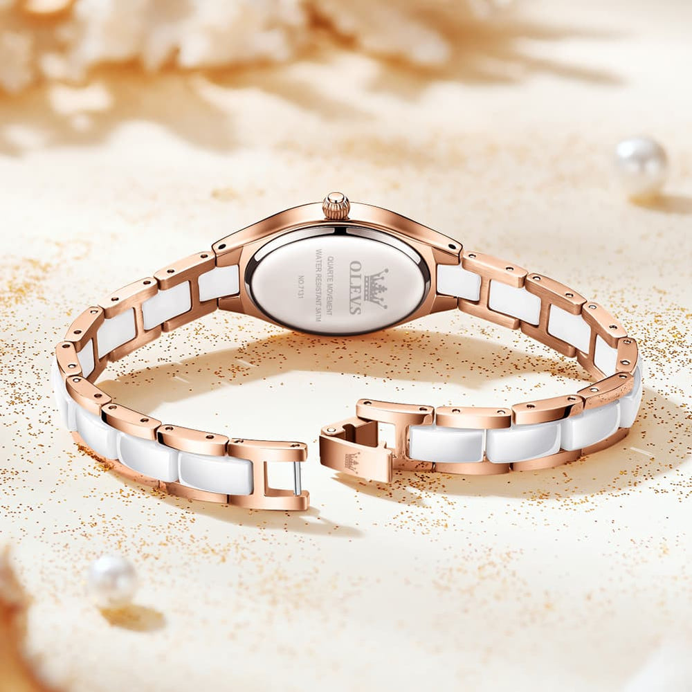 OLEVS Oval Ceramic Bracelet Diamond Watch 7131 for Women - Rose White Watch | Olevs Watch Store