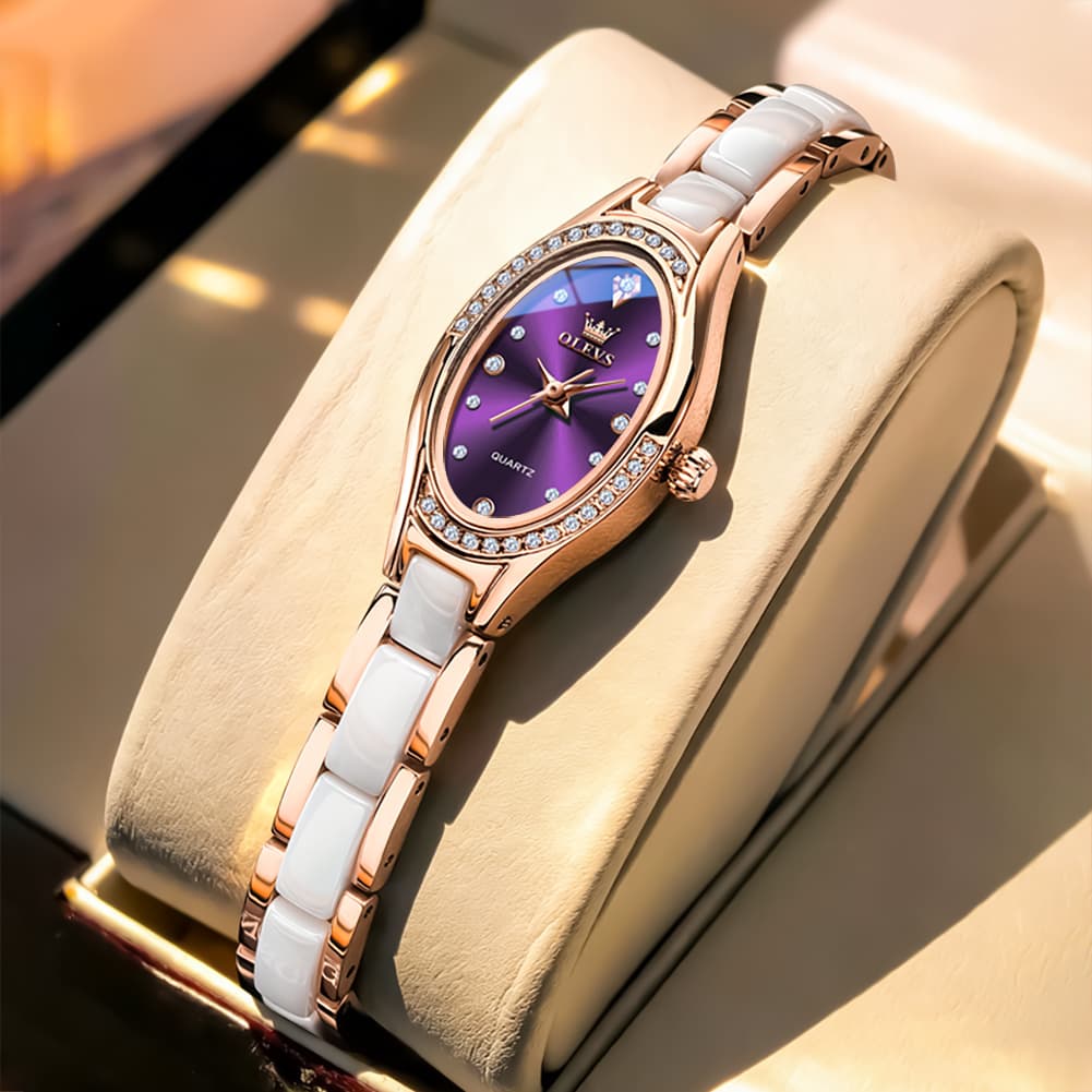 OLEVS Oval Ceramic Bracelet Diamond Watch 7131 for Women - Rose White Watch | Olevs Watch Store