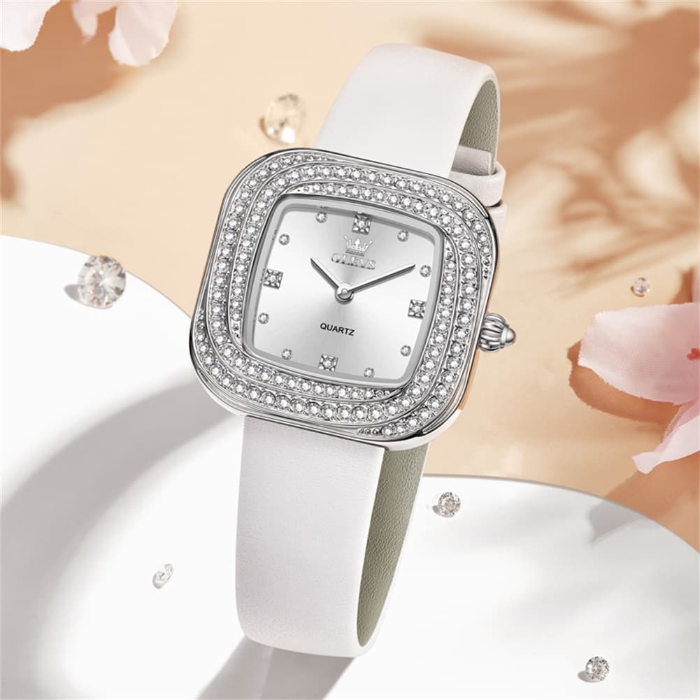 OLEVS Square Diamond Bezel Leather Watch 5512 Petite Quartz for Women - Silver Black Watch | Olevs Watch Store