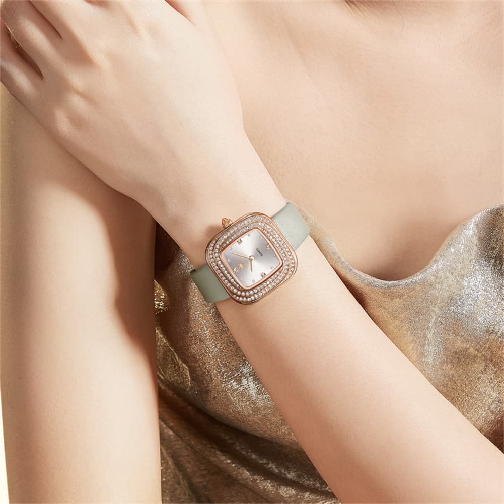 OLEVS Square Diamond Bezel Leather Watch 5512 Petite Quartz for Women - Silver Black Watch | Olevs Watch Store