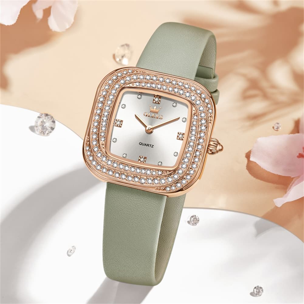 OLEVS Square Diamond Bezel Leather Watch 5512 Petite Quartz for Women - Silver Black Watch | Olevs Watch Store