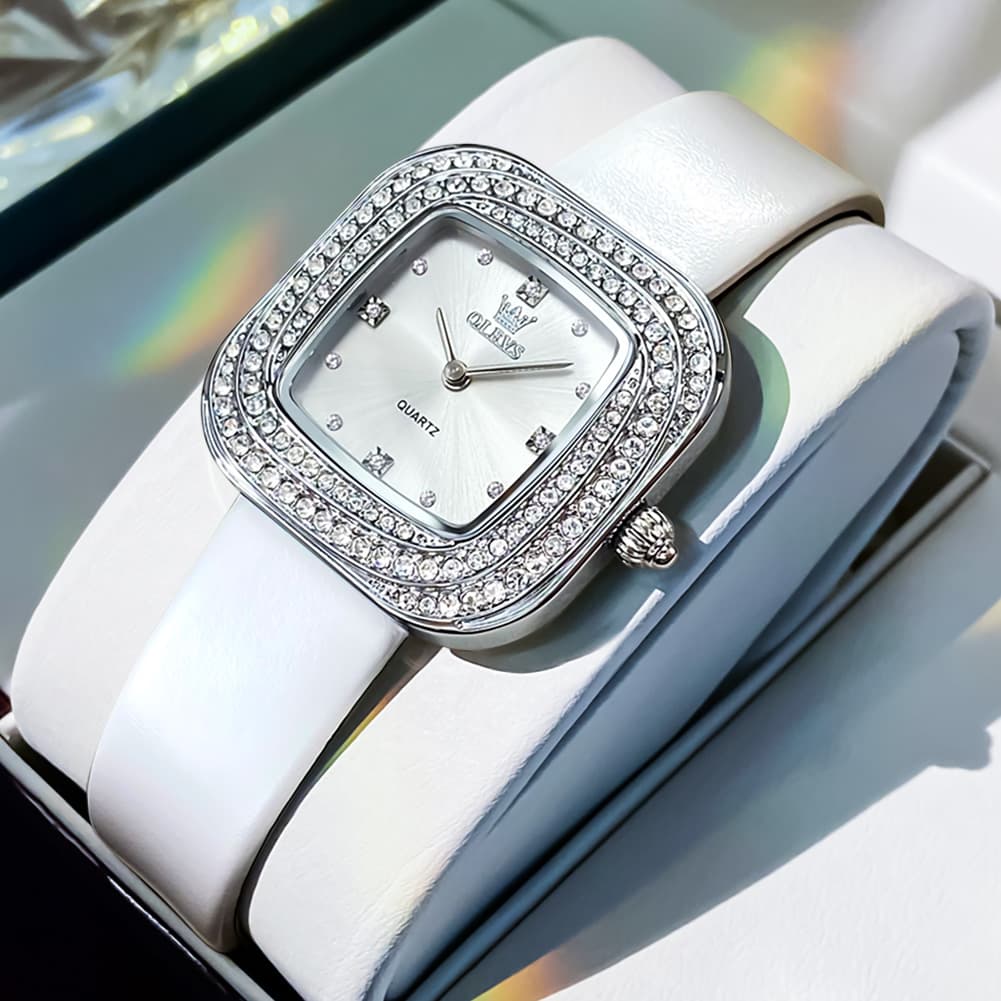 OLEVS Square Diamond Bezel Leather Watch 5512 Petite Quartz for Women - Silver Black Watch | Olevs Watch Store