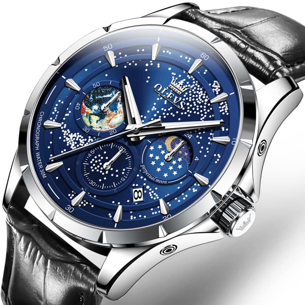 OLEVS Starry Sky Moon Phase Watch Leather Strap for Men 5538 - Starry Blue - Black Leather Watch | Olevs Watch Store