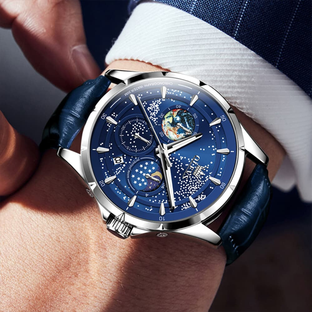 OLEVS Starry Sky Moon Phase Watch Leather Strap for Men 5538 - Starry Blue - Black Leather Watch | Olevs Watch Store