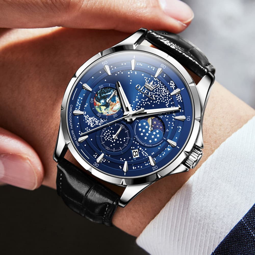 OLEVS Starry Sky Moon Phase Watch Leather Strap for Men 5538 - Starry Blue - Black Leather Watch | Olevs Watch Store
