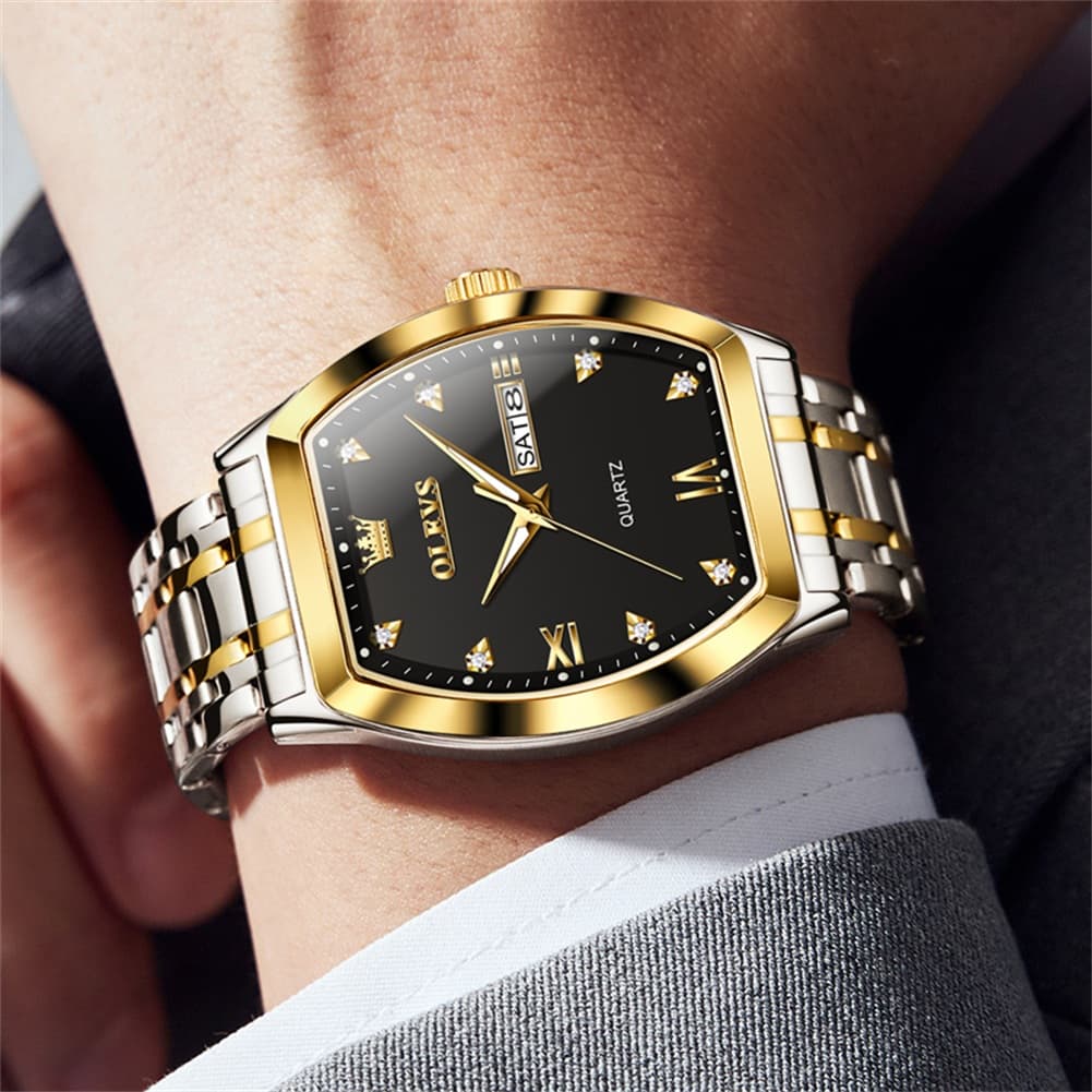 OLEVS Tonneau Diamond Dial Day Date Quartz Watch 5528 Steel Band for Men - All Black Watch | Olevs Watch Store