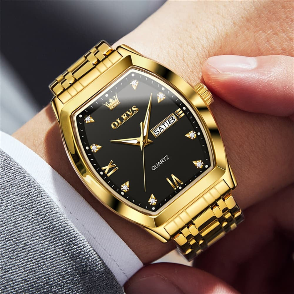 OLEVS Tonneau Diamond Dial Day Date Quartz Watch 5528 Steel Band for Men - All Black Watch | Olevs Watch Store