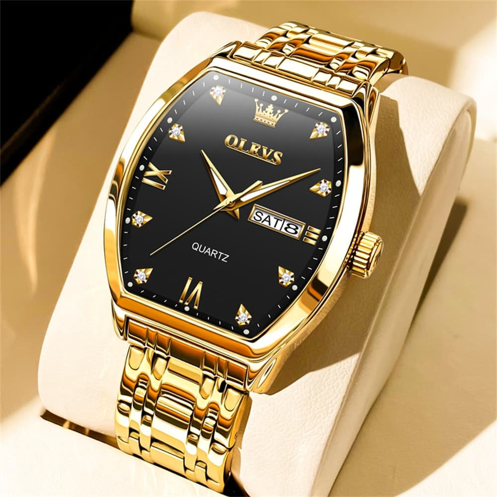 OLEVS Tonneau Diamond Dial Day Date Quartz Watch 5528 Steel Band for Men - Gold Black Watch | Olevs Watch Store