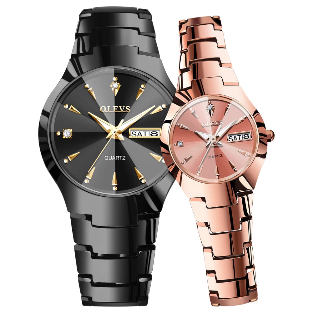 OLEVS Tungsten Steel Ultra Thin Day Date Couple Watch 8697 for Men and Women - Women All Gold Watch | Olevs Watch Store