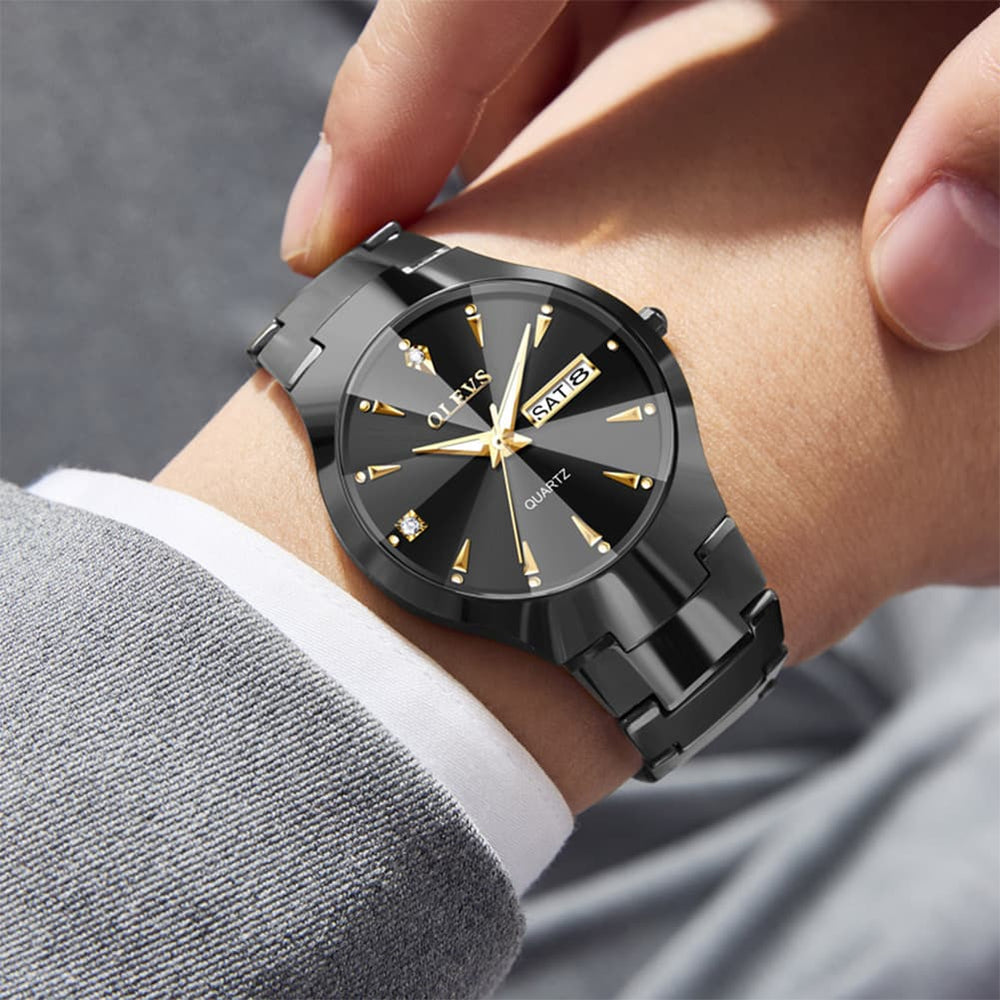 OLEVS Tungsten Steel Ultra Thin Day Date Couple Watch 8697 for Men and Women - Women All Gold Watch | Olevs Watch Store