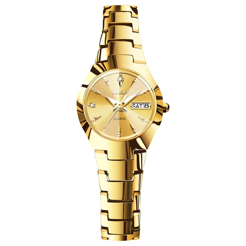 OLEVS Tungsten Steel Ultra Thin Day Date Couple Watch 8697 for Men and Women - Women All Gold Watch | Olevs Watch Store