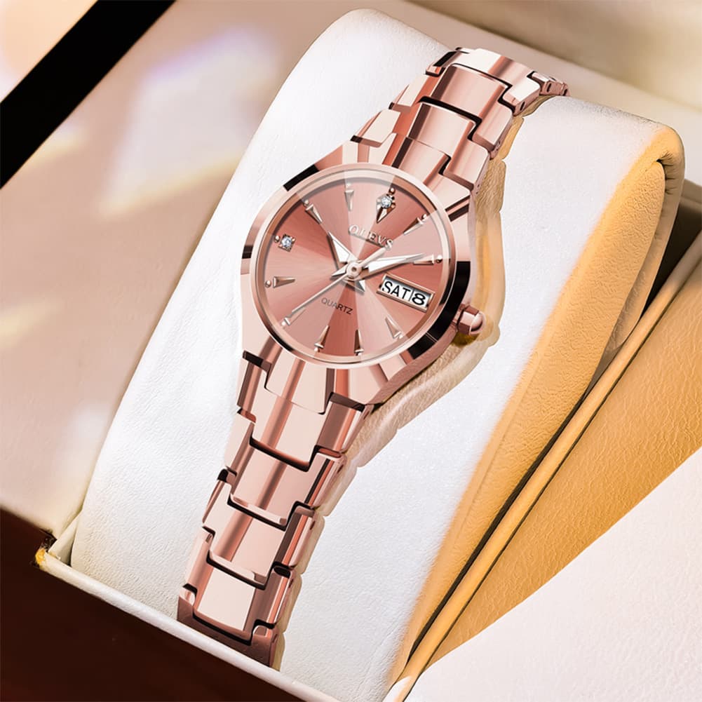 OLEVS Tungsten Steel Ultra Thin Day Date Couple Watch 8697 for Men and Women - Women Rose Gold Watch | Olevs Watch Store