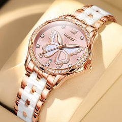 OLEVS Women Butterfly Watch Ceramic Rose Gold Diamond Date Quartz 5610 - Rose Gold Pink Dial Watch | Olevs Watch Store
